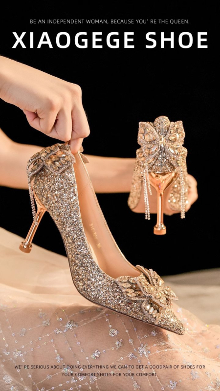 Pantofi înalți pentru femei, stil prințesă, cu fundă, cristale, ciucuri și paiete; vârf ascuțit; toc mediu 3–5 cm; gleznă joasă; talpă din cauciuc; căptușeală microfibră; talpă interioară PU; potriviți pentru nunți și banchete