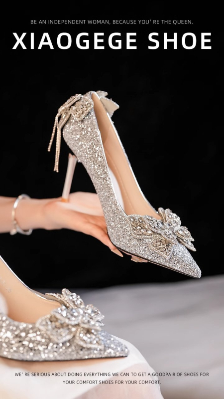 Pantofi înalți pentru femei, stil prințesă, cu fundă, cristale, ciucuri și paiete; vârf ascuțit; toc mediu 3–5 cm; gleznă joasă; talpă din cauciuc; căptușeală microfibră; talpă interioară PU; potriviți pentru nunți și banchete