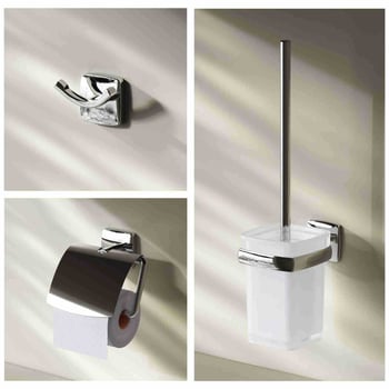 Σετ μπάνιου τριών τεμαχίων με χρωμιωμένη επιφάνεια: άγκιστρο ρούχων, δίσκος/κρατήρας χαρτιού τουαλέτας και βούρτσα τουαλέτας; υλικά: ψευδάργυρος, ανοξείδωτο ατσάλι 201, γυαλί, PP βούρτσα; μοντέρνο μινιμαλιστικό στυλ; μάρκα METALIQUE