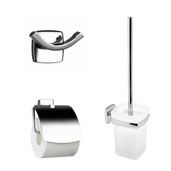Σετ μπάνιου τριών τεμαχίων με χρωμιωμένη επιφάνεια: άγκιστρο ρούχων, δίσκος/κρατήρας χαρτιού τουαλέτας και βούρτσα τουαλέτας; υλικά: ψευδάργυρος, ανοξείδωτο ατσάλι 201, γυαλί, PP βούρτσα; μοντέρνο μινιμαλιστικό στυλ; μάρκα METALIQUE