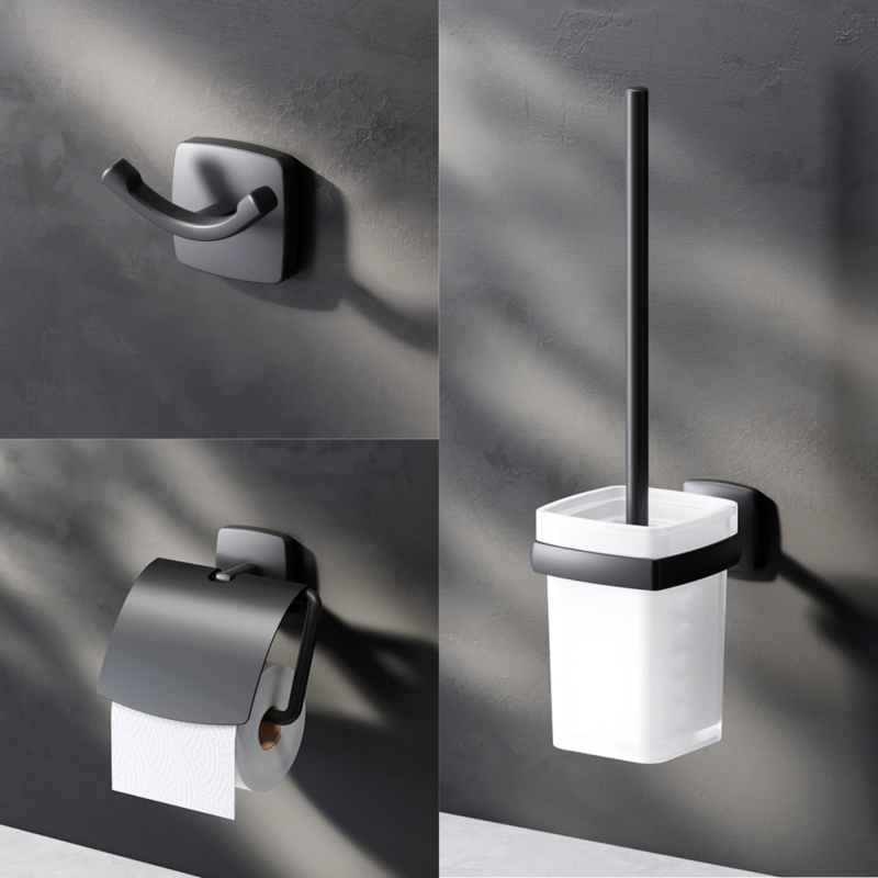 Σετ μπάνιου τριών τεμαχίων με χρωμιωμένη επιφάνεια: άγκιστρο ρούχων, δίσκος/κρατήρας χαρτιού τουαλέτας και βούρτσα τουαλέτας; υλικά: ψευδάργυρος, ανοξείδωτο ατσάλι 201, γυαλί, PP βούρτσα; μοντέρνο μινιμαλιστικό στυλ; μάρκα METALIQUE