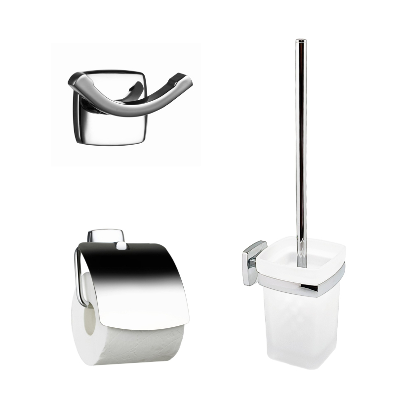 Σετ μπάνιου τριών τεμαχίων με χρωμιωμένη επιφάνεια: άγκιστρο ρούχων, δίσκος/κρατήρας χαρτιού τουαλέτας και βούρτσα τουαλέτας; υλικά: ψευδάργυρος, ανοξείδωτο ατσάλι 201, γυαλί, PP βούρτσα; μοντέρνο μινιμαλιστικό στυλ; μάρκα METALIQUE