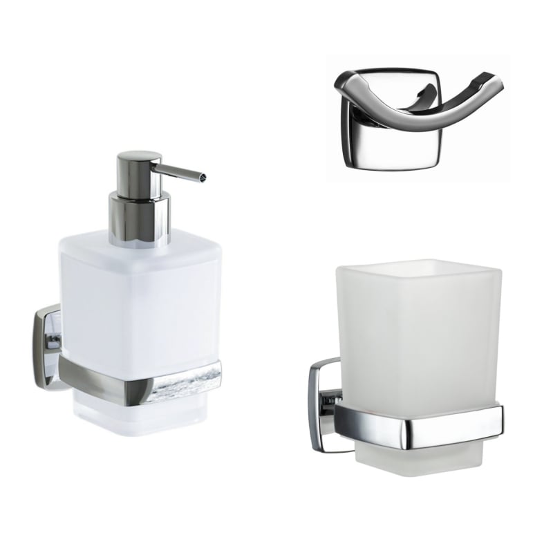 Σετ μπάνιου τριών τεμαχίων με χρωμιωμένη επιφάνεια: άγκιστρο ρούχων, δίσκος/κρατήρας χαρτιού τουαλέτας και βούρτσα τουαλέτας; υλικά: ψευδάργυρος, ανοξείδωτο ατσάλι 201, γυαλί, PP βούρτσα; μοντέρνο μινιμαλιστικό στυλ; μάρκα METALIQUE