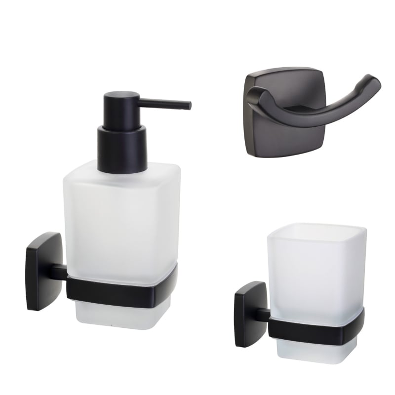 Σετ μπάνιου τριών τεμαχίων με χρωμιωμένη επιφάνεια: άγκιστρο ρούχων, δίσκος/κρατήρας χαρτιού τουαλέτας και βούρτσα τουαλέτας; υλικά: ψευδάργυρος, ανοξείδωτο ατσάλι 201, γυαλί, PP βούρτσα; μοντέρνο μινιμαλιστικό στυλ; μάρκα METALIQUE