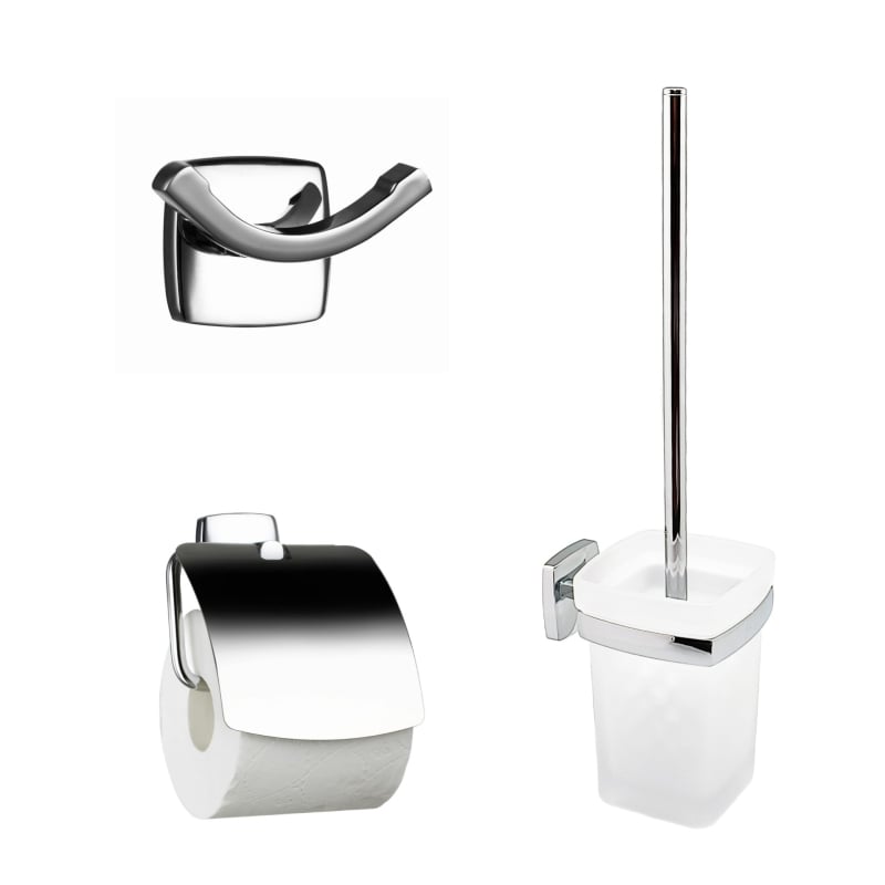 Σετ μπάνιου τριών τεμαχίων με χρωμιωμένη επιφάνεια: άγκιστρο ρούχων, δίσκος/κρατήρας χαρτιού τουαλέτας και βούρτσα τουαλέτας; υλικά: ψευδάργυρος, ανοξείδωτο ατσάλι 201, γυαλί, PP βούρτσα; μοντέρνο μινιμαλιστικό στυλ; μάρκα METALIQUE
