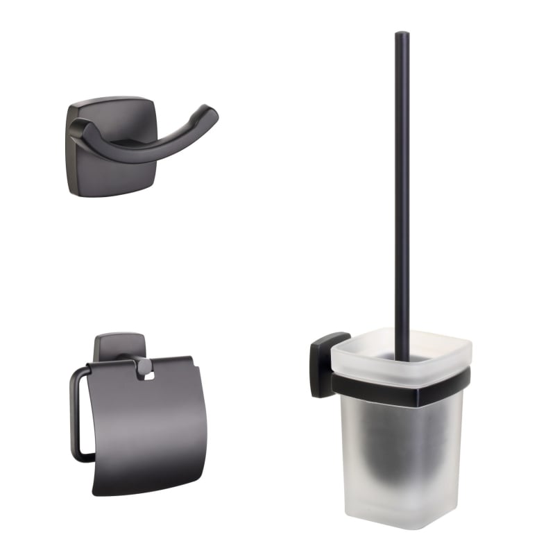 Σετ μπάνιου τριών τεμαχίων με χρωμιωμένη επιφάνεια: άγκιστρο ρούχων, δίσκος/κρατήρας χαρτιού τουαλέτας και βούρτσα τουαλέτας; υλικά: ψευδάργυρος, ανοξείδωτο ατσάλι 201, γυαλί, PP βούρτσα; μοντέρνο μινιμαλιστικό στυλ; μάρκα METALIQUE
