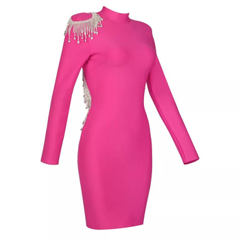 Ženska bodycon haljina za jesen-zimu s rhinestones resicama i otvorenim leđima, dugi rukavi, stojeći ovratnik, zatvarač, poliester-elastan smjesa