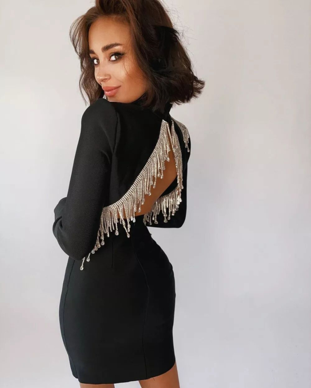 Ženska bodycon haljina za jesen-zimu s rhinestones resicama i otvorenim leđima, dugi rukavi, stojeći ovratnik, zatvarač, poliester-elastan smjesa