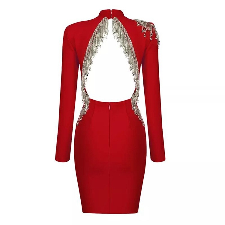 Ženska bodycon haljina za jesen-zimu s rhinestones resicama i otvorenim leđima, dugi rukavi, stojeći ovratnik, zatvarač, poliester-elastan smjesa