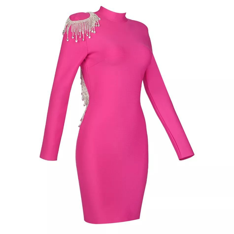 Ženska bodycon haljina za jesen-zimu s rhinestones resicama i otvorenim leđima, dugi rukavi, stojeći ovratnik, zatvarač, poliester-elastan smjesa