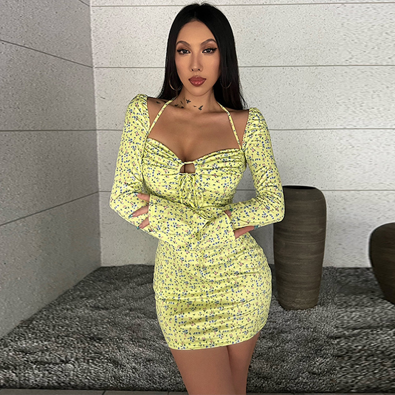 Rochie cu imprimeu floral, talie înaltă, mâneci lungi, țesătură din poliester