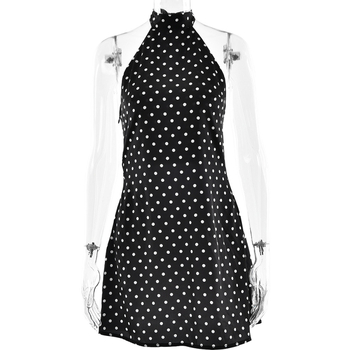 Rochie din satin cu model cu puncte în valuri, decolteu rotund, fără mâneci, talie înaltă