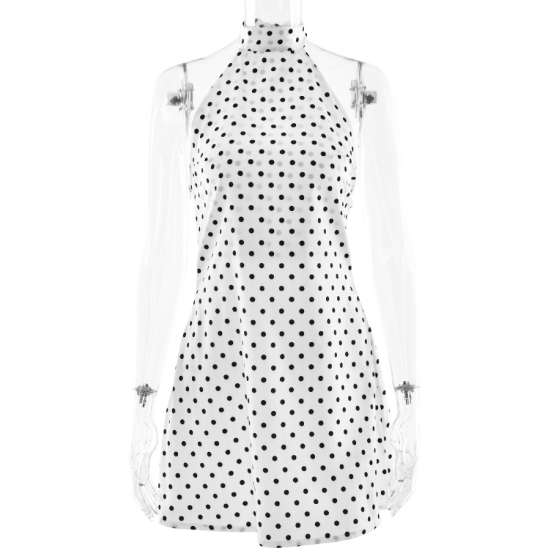 Rochie din satin cu model cu puncte în valuri, decolteu rotund, fără mâneci, talie înaltă