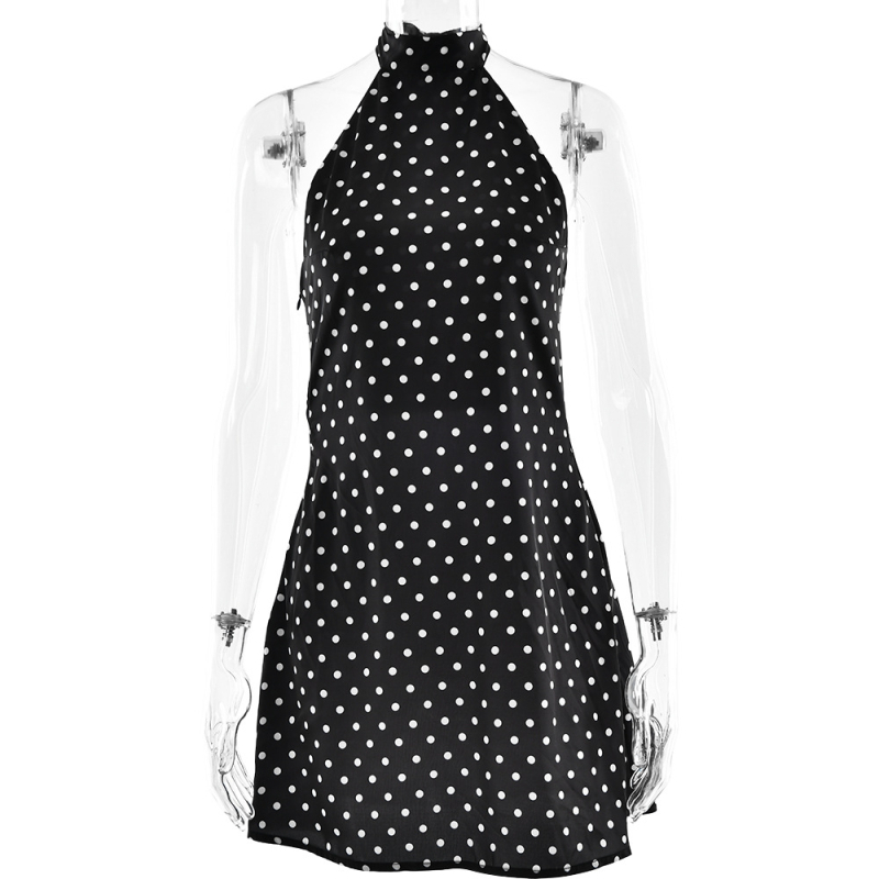 Rochie din satin cu model cu puncte în valuri, decolteu rotund, fără mâneci, talie înaltă