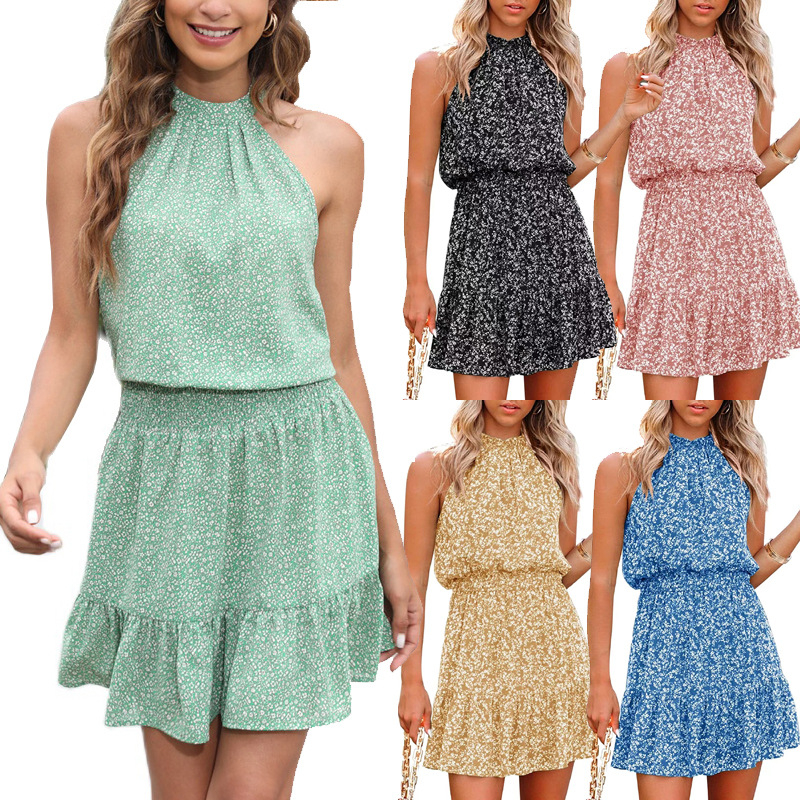 Boho cvjetni print, bez rukava, halterneck, kratka suknja, smjesa poliester-spandeks, struk srednje visine
