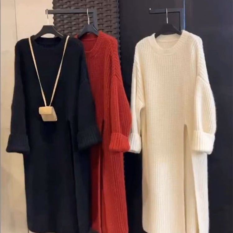 Pletena haljina od poliestera, patchwork detalj, pulover stil, midi duljina, okrugli izrez