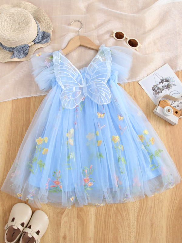Κοριτσίσιο φόρεμα πριγκίπισσα tutu με κεντημένη πεταλούδα στην πλάτη, αφράτες διχτυωτές στρώσεις, κοντά μανίκια, 100% πολυεστέρας, για κορίτσια 3–8 ετών, καλοκαίρι 2025