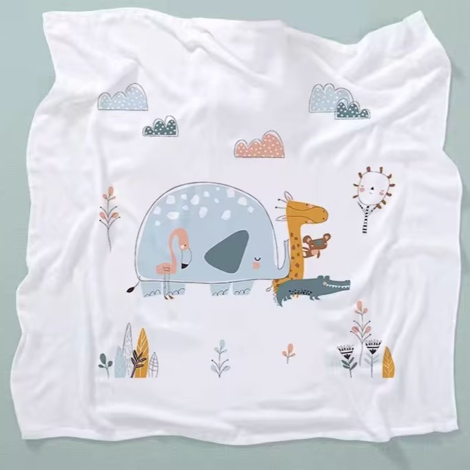 Бебешка кърпа за баня от бамбук памук-марля, двойнослойна, с карикатурен принт, тегло 200–300 г, прежда 40, персонализируема