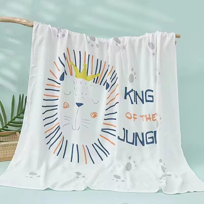 Бебешка кърпа за баня от бамбук памук-марля, двойнослойна, с карикатурен принт, тегло 200–300 г, прежда 40, персонализируема