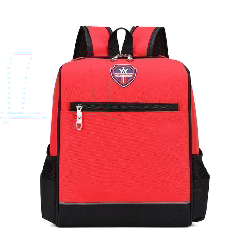 Σχολικό σακίδιο πλάτης με λογότυπο για μαθητές Α′–Β′, Oxford ύφασμα, αδιάβροχο, ανθεκτικό, ιμάντες ώμου με αερόσφυξη, σχέδιο σε χρωματικά μπλοκ.