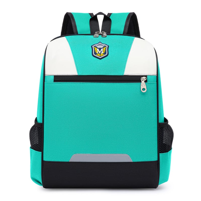 Σχολικό σακίδιο πλάτης με λογότυπο για μαθητές Α′–Β′, Oxford ύφασμα, αδιάβροχο, ανθεκτικό, ιμάντες ώμου με αερόσφυξη, σχέδιο σε χρωματικά μπλοκ.