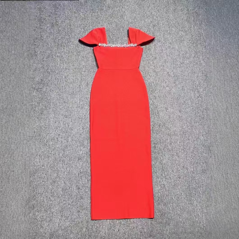 Dugačka bodycon haljina s kristalima, kvadratni izrez, kratki rukavi, poliester