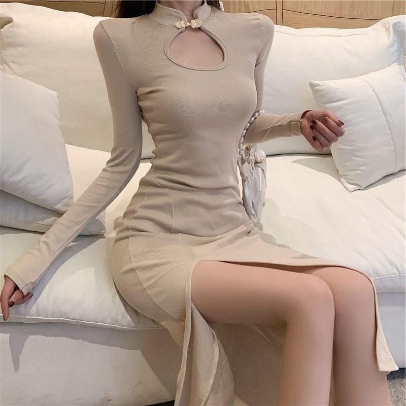Haljina s dugim rukavima, ovratnik tipa Cheongsam, uski kroj preko bokova, midi duljina, visok pojas (poliester)