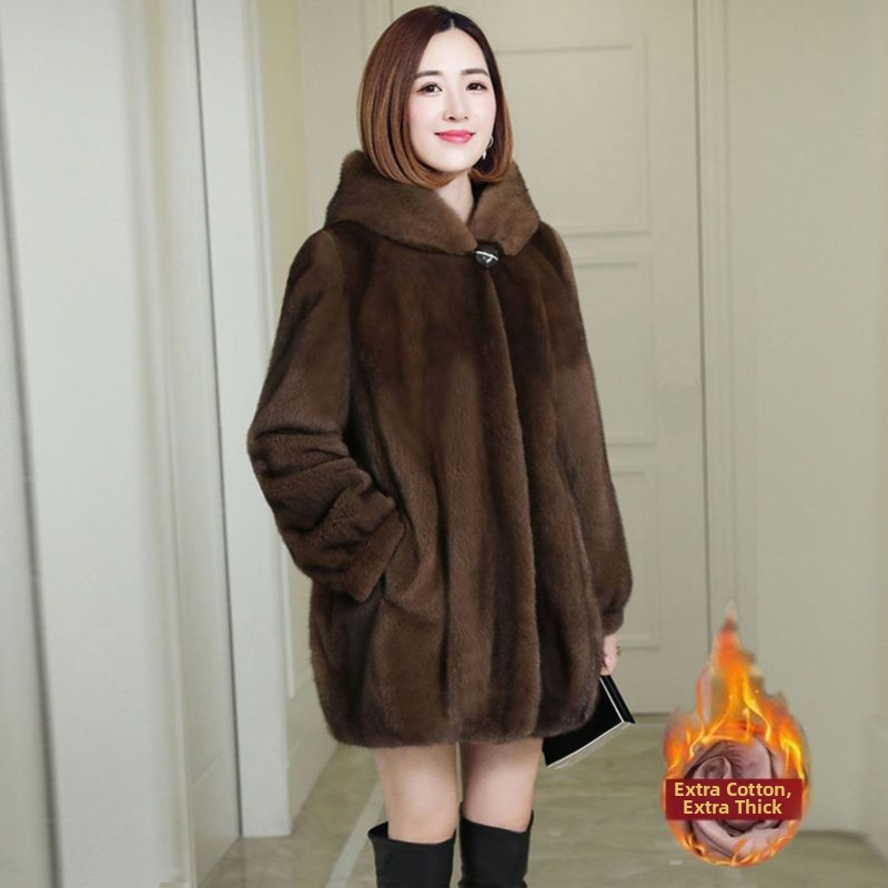 Női Mink Chenille kabát kapucnival — laza szabás, középhosszú, cipzár