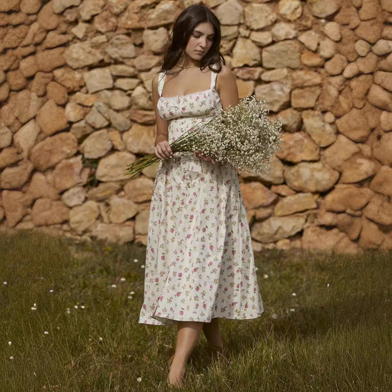 Duga haljina A-linije s floralnim printom, dekolte U, bez rukava, poliester tkanina