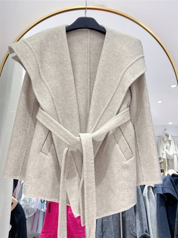 Női gyapjúkabát juhgyapjublól, középhosszú, hosszú ujjak, kötős záródás, egyszínű minta