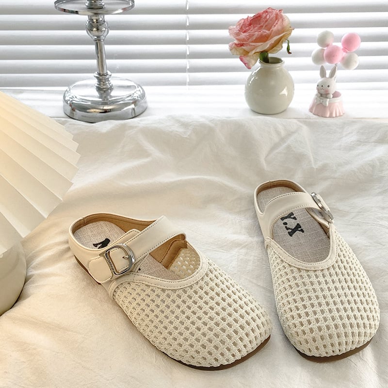 Ženske Mary Jane ravne sandale s mrežastim gornjim dijelom, Slip-On, prozračne, gumeni potplat, ravni đon