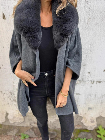 Női kabát poliészter-spandex keverék, műszőrme gallér, laza szabás, hosszú ujjú, középhosszú, tél 2024, városi ingázó stílus