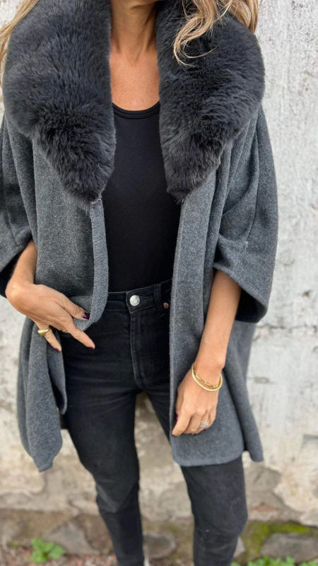 Női kabát poliészter-spandex keverék, műszőrme gallér, laza szabás, hosszú ujjú, középhosszú, tél 2024, városi ingázó stílus