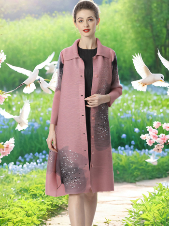 Дълго дамско палто: полиестер, 3D ефект на шарка, дължина 80–100 см, ръкав 3/4, еднобортно закопчаване