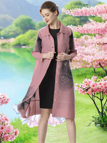 Дълго дамско палто: полиестер, 3D ефект на шарка, дължина 80–100 см, ръкав 3/4, еднобортно закопчаване