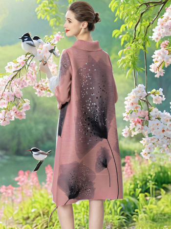 Дълго дамско палто: полиестер, 3D ефект на шарка, дължина 80–100 см, ръкав 3/4, еднобортно закопчаване