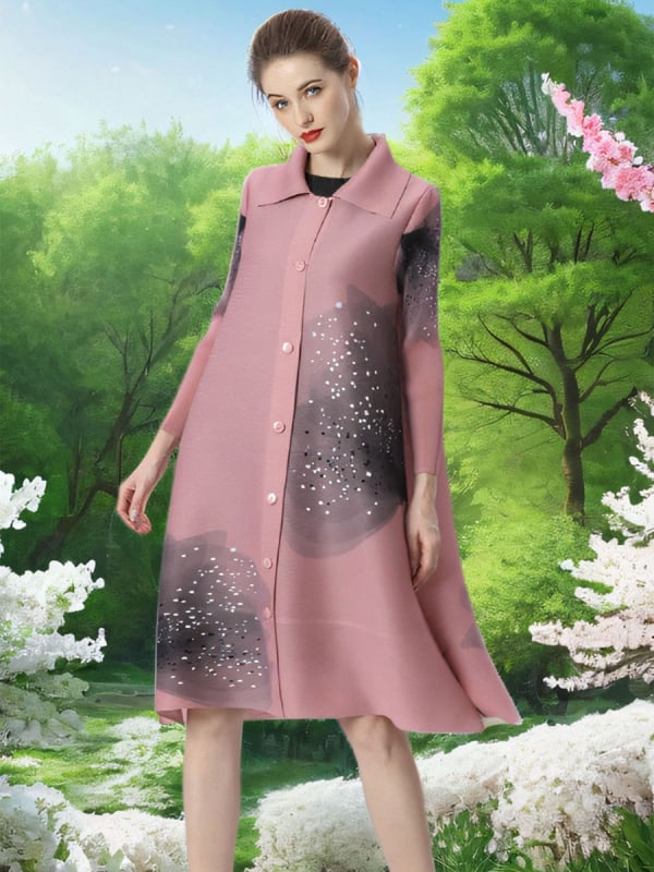 Дълго дамско палто: полиестер, 3D ефект на шарка, дължина 80–100 см, ръкав 3/4, еднобортно закопчаване