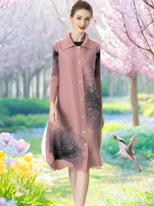 Дълго дамско палто: полиестер, 3D ефект на шарка, дължина 80–100 см, ръкав 3/4, еднобортно закопчаване