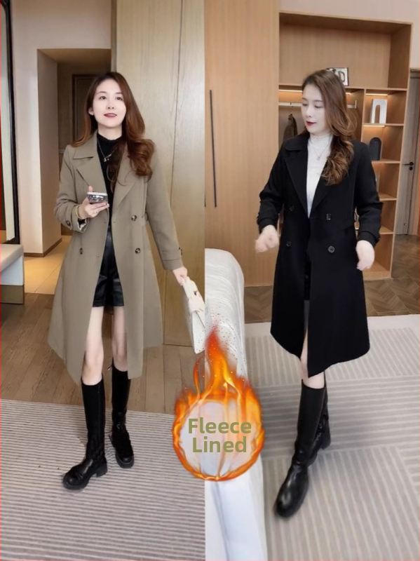 Dámsky kabát s fleecovou podšívkou, stredná dĺžka, voľný strih, polyester, stredná hrúbka, dvojradové gombíky