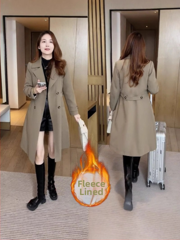 Dámsky kabát s fleecovou podšívkou, stredná dĺžka, voľný strih, polyester, stredná hrúbka, dvojradové gombíky