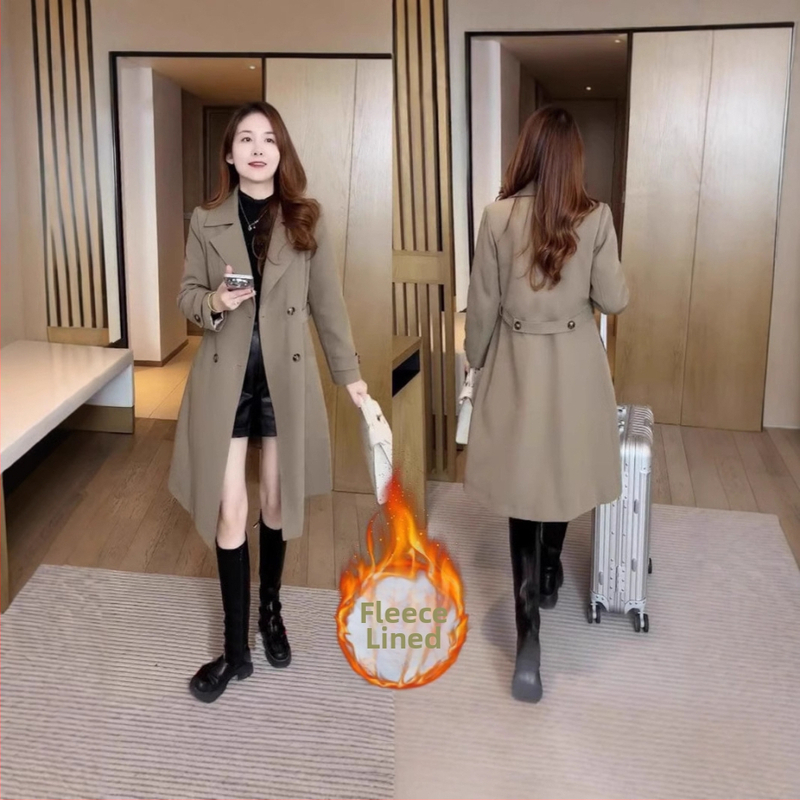 Dámsky kabát s fleecovou podšívkou, stredná dĺžka, voľný strih, polyester, stredná hrúbka, dvojradové gombíky