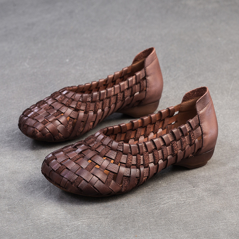 Rimske sandale od kože prvog sloja teleće kože, gumeni đon, retro stil, okrugli vrh prstiju
