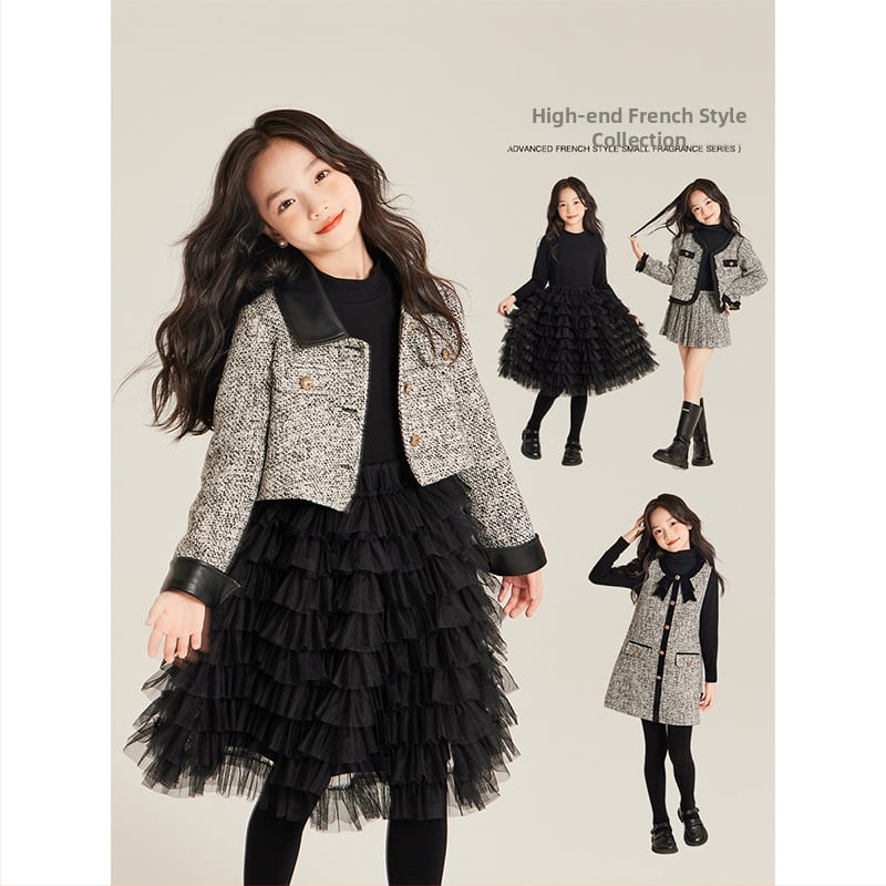 AMYBABY Κοριτσίστικη φούστα – Βαμβακερή φούστα τύπου cake, Chanel-εμπνευσμένο κλασικό στυλ, Χειμώνας 2024, για ηλικίες 3–8 ετών