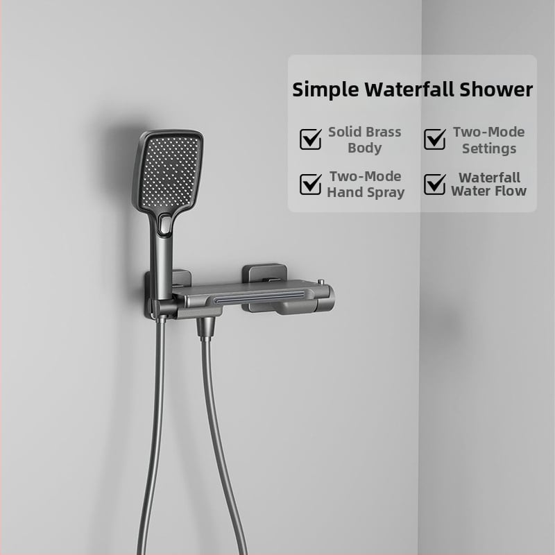 Set baterie pentru cadă montat pe perete, cu duș, corp din cupru, control temperatură, duș tip cascadă, model XZ-92, supapă ceramică, intrare/ieșire universală cu 4 prize, CE