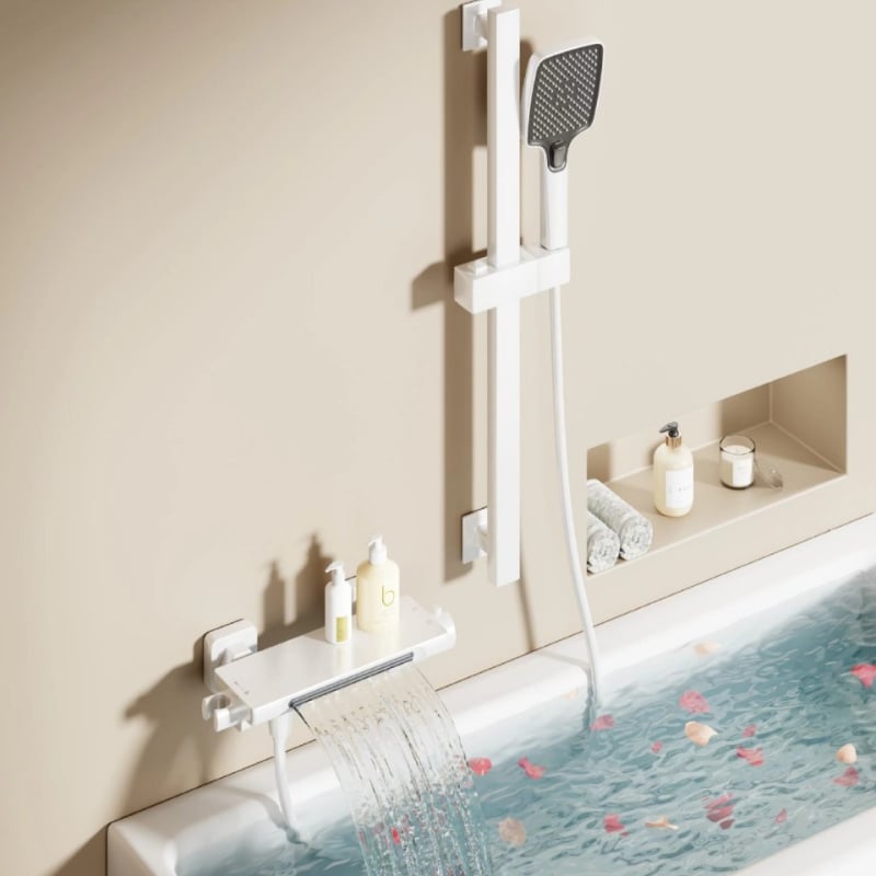 Set baterie pentru cadă montat pe perete, cu duș, corp din cupru, control temperatură, duș tip cascadă, model XZ-92, supapă ceramică, intrare/ieșire universală cu 4 prize, CE