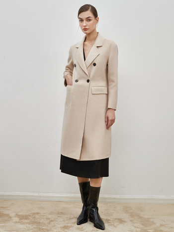 Női gyapjú-kasmír kabát, kétoldalas, víz-hullám textúrával, egyenes szabás, középhosszú, egygombos zárás