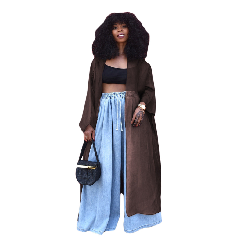 DY6919 Dlhý dámsky cardigan s sieťovým priehľadným materiálom, polootvorený golier, 3/4 rukávy, polyester 90–95%