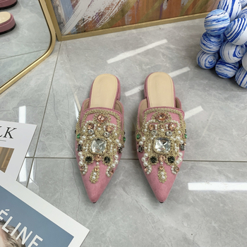 Ženske mule s velurom na vrhu, ukrašene rhinestones i čipkom, protuklizna PU potplat, unutrašnjost imitacija kože, etnički stil