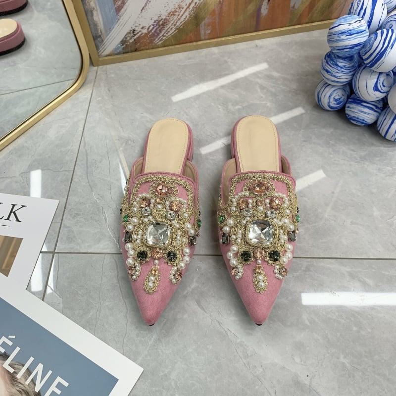 Ženske mule s velurom na vrhu, ukrašene rhinestones i čipkom, protuklizna PU potplat, unutrašnjost imitacija kože, etnički stil
