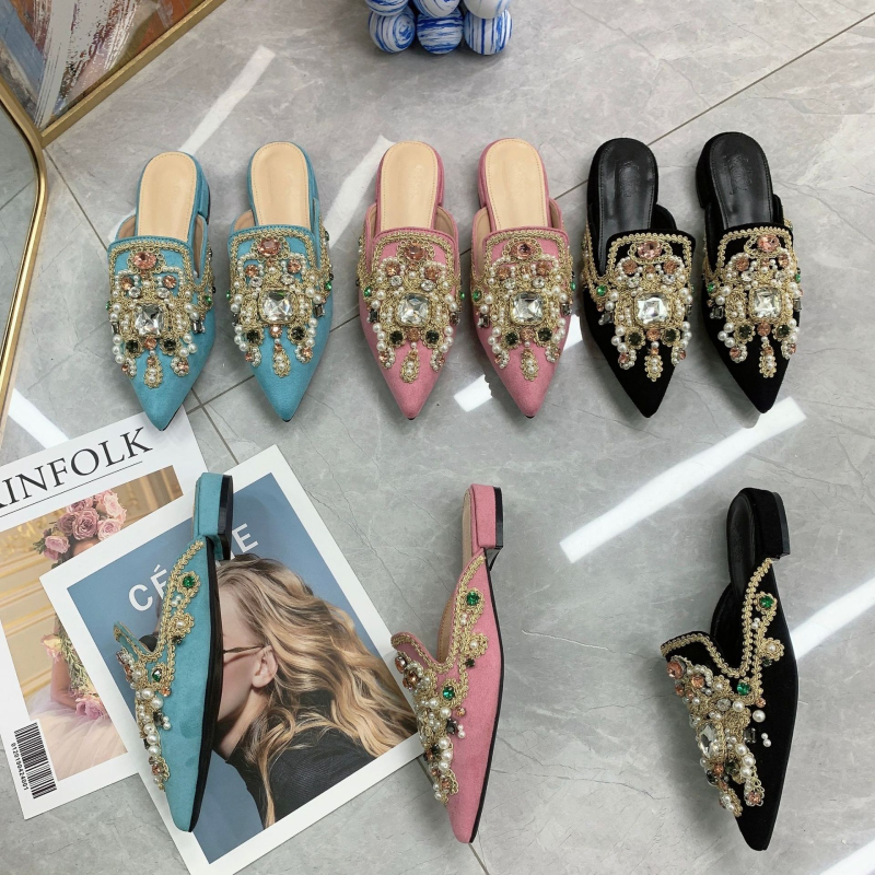 Ženske mule s velurom na vrhu, ukrašene rhinestones i čipkom, protuklizna PU potplat, unutrašnjost imitacija kože, etnički stil